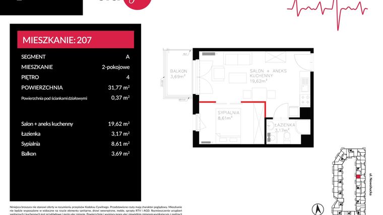 Rzut - Mieszkanie na sprzedaż 2 pokoje o powierzchni 31,77 m² - numer A_207 w Imperial Citi Yes