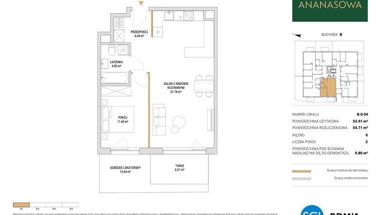 Rzut - Mieszkanie na sprzedaż 2 pokoje o powierzchni 54,71 m² - numer B.0.04 w Ananasowa
