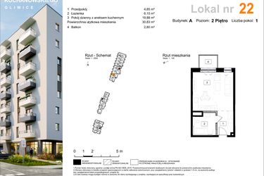 Rzut - Mieszkanie na sprzedaż 1 pokój o powierzchni 30,83 m² - numer A.22 w Osiedle Kochanowskiego - Gliwice