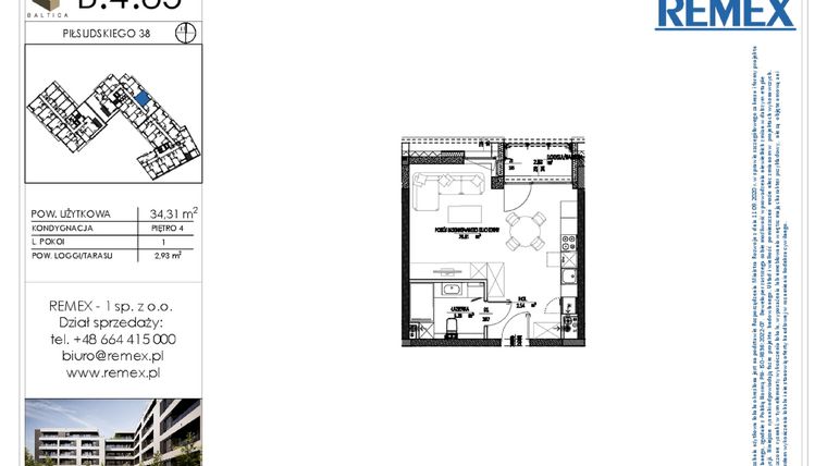 Rzut - Mieszkanie na sprzedaż 1 pokój o powierzchni 34,31 m² - numer B.4.85 w Osiedle BALTICA