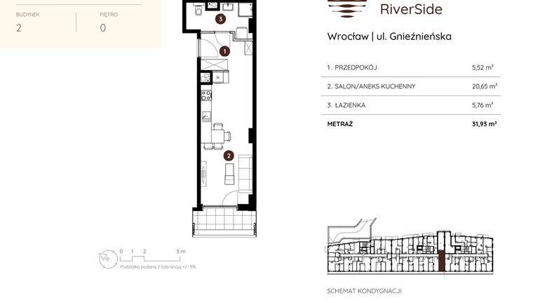 Rzut - Mieszkanie na sprzedaż 1 pokój o powierzchni 31,93 m² - numer 2.A.0.02 w Murapol RiverSide