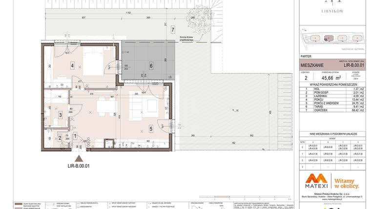 Rzut - Mieszkanie na sprzedaż 2 pokoje o powierzchni 45,66 m² - numer B.00.01 w Takt Lirników