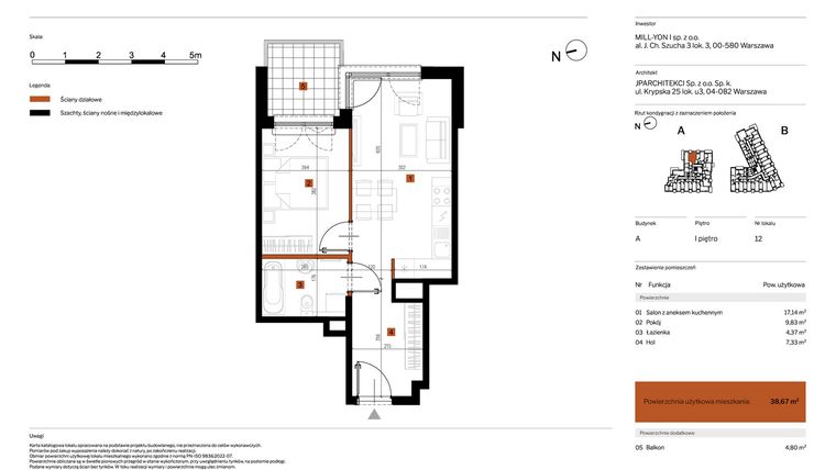 Rzut - Mieszkanie na sprzedaż 2 pokoje o powierzchni 38,67 m² - numer 12 w MY Głębocka