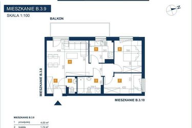 Rzut - Mieszkanie na sprzedaż 3 pokoje o powierzchni 57 m² - numer B.3.9 w EcoVista