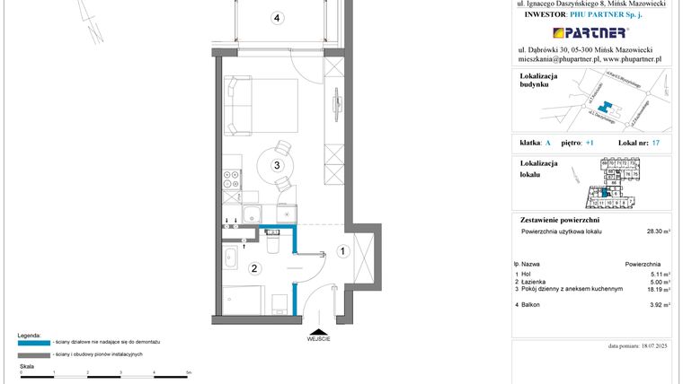 Rzut - Mieszkanie na sprzedaż 1 pokój o powierzchni 29,11 m² - numer A.1.17 w Daszyńskiego Square etap 1