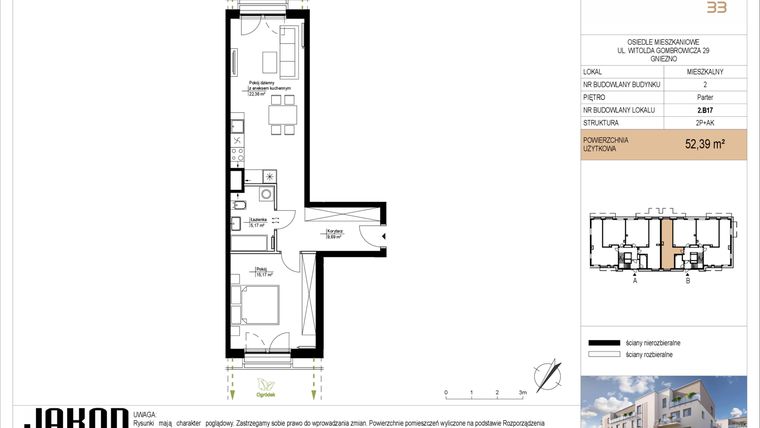 Rzut - Mieszkanie na sprzedaż 2 pokoje o powierzchni 52,39 m² - numer 2.B17 w Gombrowicza 33 - etap II