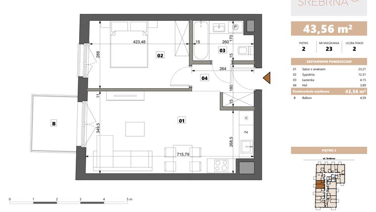 Rzut - Mieszkanie na sprzedaż 2 pokoje o powierzchni 43,56 m² - numer 23 w Srebrna 5
