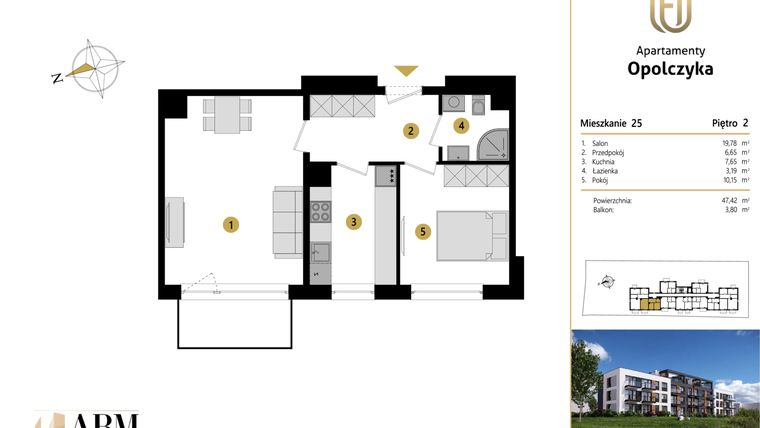 Rzut - Mieszkanie na sprzedaż 2 pokoje o powierzchni 47,42 m² - numer M25 w Apartamenty Opolczyka