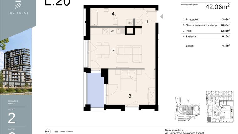 Rzut - Mieszkanie na sprzedaż 2 pokoje o powierzchni 42,06 m² - numer L20 w Sky Trust etap II - apartamenty inwestycyjne 23% VAT PRS