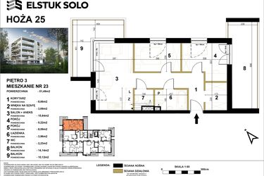 Rzut - Mieszkanie na sprzedaż 3 pokoje o powierzchni 51,49 m² - numer 23 w Hoża 25