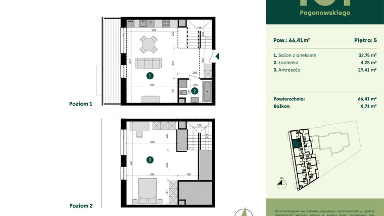 Rzut - Mieszkanie na sprzedaż 1 pokój o powierzchni 66,41 m² - numer POGO2/A/6I w Pogonowskiego 52