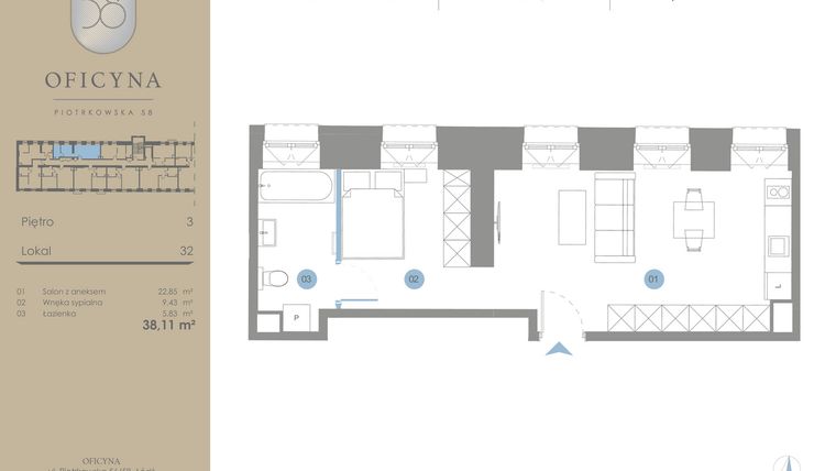 Rzut - Mieszkanie na sprzedaż 1 pokój o powierzchni 38,11 m² - numer 32 w Oficyna - Apartamenty Inwestycyjne Apart Hotel