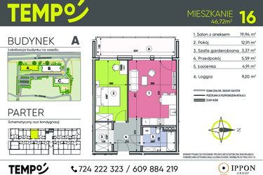 Rzut - Mieszkanie na sprzedaż 2 pokoje o powierzchni 46,72 m² - numer A16 w Osiedle TEMPO