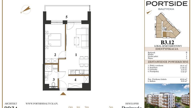 Rzut - Mieszkanie na sprzedaż 2 pokoje o powierzchni 40,84 m² - numer B3.12 w Portside Bałtycka