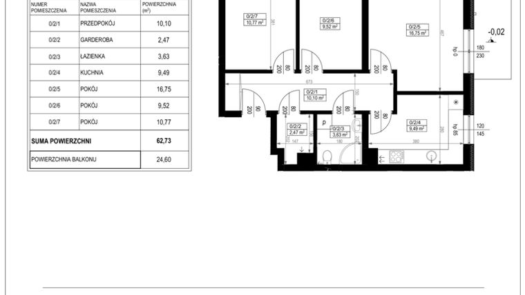 Rzut - Mieszkanie na sprzedaż 3 pokoje o powierzchni 62,73 m² - numer 0/2 w Zamieszkaj na Rudawskiej 4