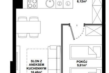 Rzut - Mieszkanie na sprzedaż 2 pokoje o powierzchni 38,56 m² - numer B.105 w Apartamenty Bałtyk