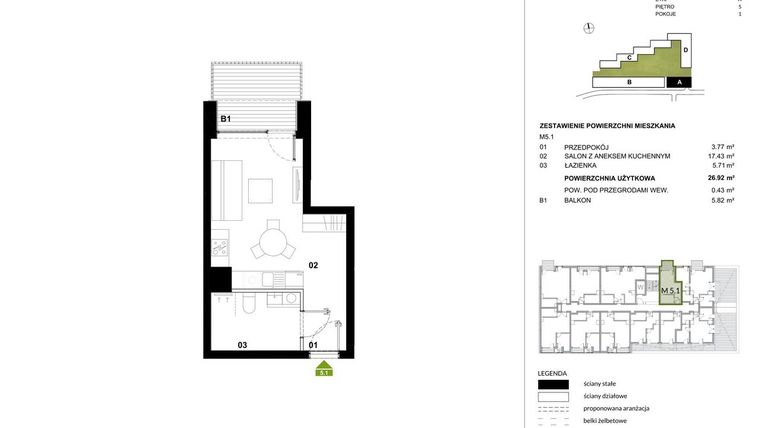 Rzut - Mieszkanie na sprzedaż 1 pokój o powierzchni 27,35 m² - numer A.5.1 w Kozielska Park