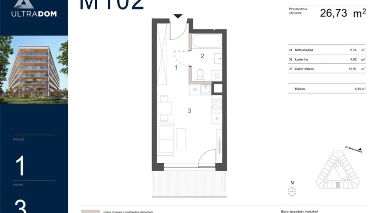 Rzut - Mieszkanie na sprzedaż 1 pokój o powierzchni 26,73 m² - numer M102 w Ultradom
