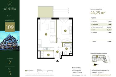 Rzut - Mieszkanie na sprzedaż 2 pokoje o powierzchni 44,25 m² - numer 109 w Rezydencja Świerkowa