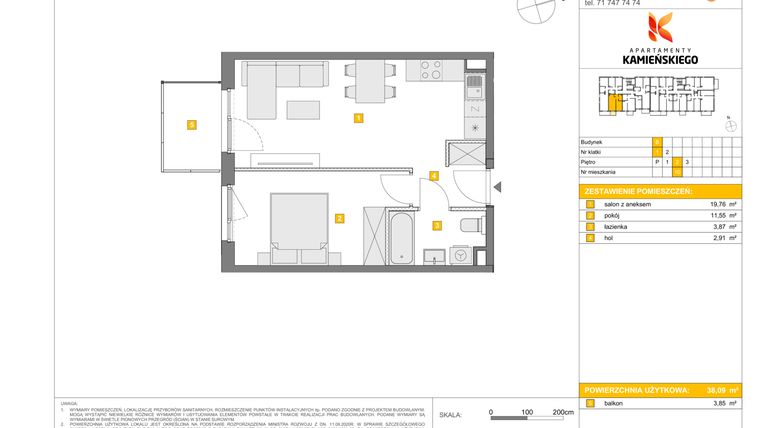 Rzut - Mieszkanie na sprzedaż 2 pokoje o powierzchni 38,09 m² - numer B10 w Apartamenty Kamieńskiego