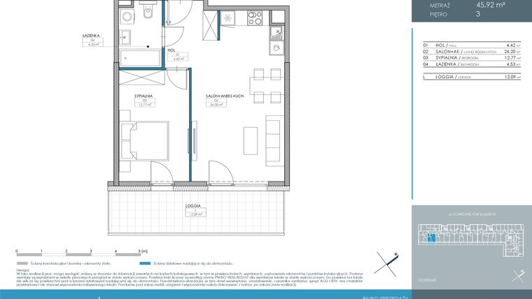 Rzut - Mieszkanie na sprzedaż 2 pokoje o powierzchni 45,92 m² - numer 1.1.3.03 w Nordic Powstańców Śląskich