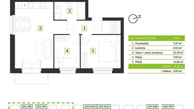 Rzut - Mieszkanie na sprzedaż 3 pokoje o powierzchni 51,38 m² - numer 1K1 M7 w Osiedle Krzeptów przy lesie