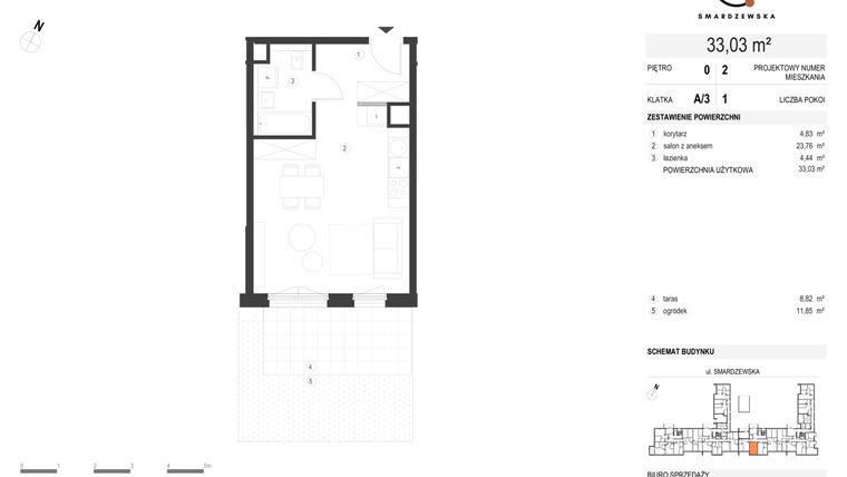 Rzut - Mieszkanie na sprzedaż 1 pokój o powierzchni 33,03 m² - numer A/3/0.2 w Smardzewska 8