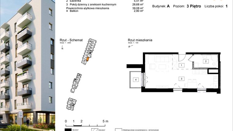 Rzut - Mieszkanie na sprzedaż 1 pokój o powierzchni 39,08 m² - numer A.36 w Osiedle Kochanowskiego - Gliwice