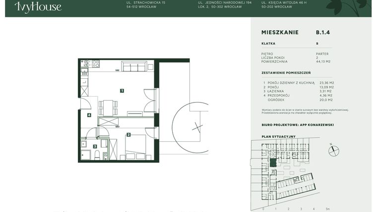 Rzut - Mieszkanie na sprzedaż 2 pokoje o powierzchni 44,13 m² - numer B.1.4 w IVY HOUSE