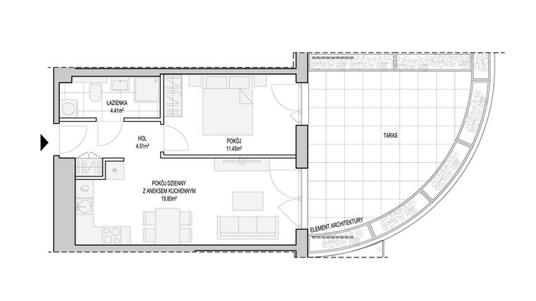 Rzut - Mieszkanie na sprzedaż 2 pokoje o powierzchni 41,69 m² - numer WO/T/13/6 w Wiszące Ogrody