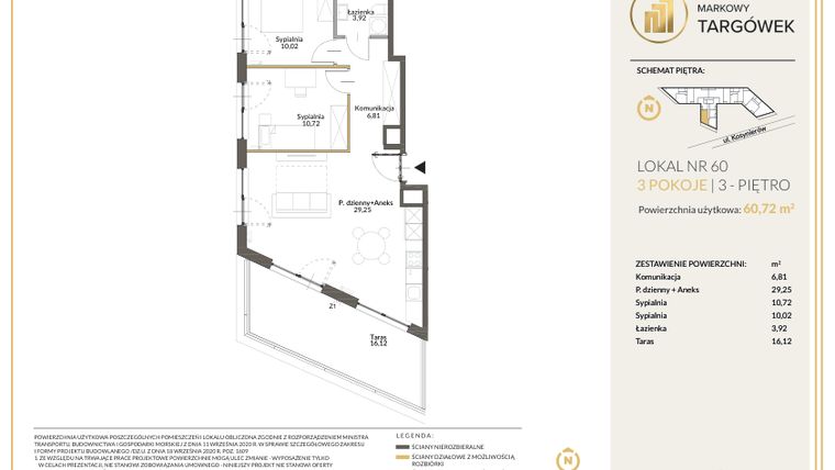 Rzut - Mieszkanie na sprzedaż 3 pokoje o powierzchni 60,72 m² - numer 60 w Markowy Targówek