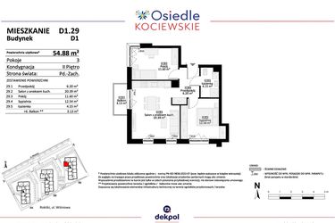 Rzut - Mieszkanie na sprzedaż 3 pokoje o powierzchni 54,88 m² - numer D1.29 w Osiedle Kociewskie etap IV