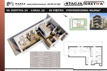 Rzut - Mieszkanie na sprzedaż 2 pokoje o powierzchni 49,95 m² - numer M12 w Stacja Krzywa