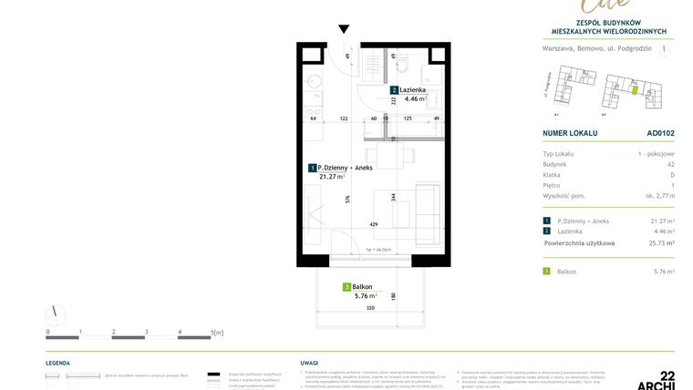 Rzut - Mieszkanie na sprzedaż 1 pokój o powierzchni 25,73 m² - numer AD0102 w Viva Cité 2