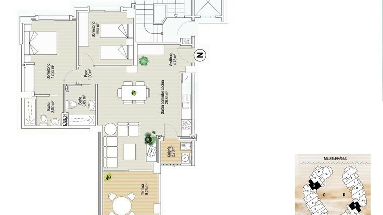 Rzut - Mieszkanie na sprzedaż 2 pokoje o powierzchni 92 m² - numer P_2 w Apartamenty w La Manga, RD-71339