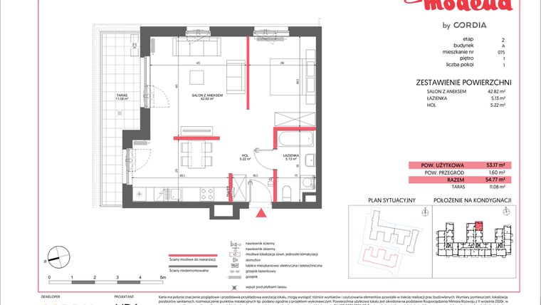 Rzut - Mieszkanie na sprzedaż 1 pokój o powierzchni 53,17 m² - numer A.075 w Modena II