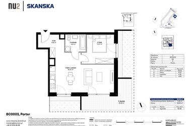 Rzut - Mieszkanie na sprzedaż 2 pokoje o powierzchni 46 m² - numer BC0003 w NU2 Warszawa Wola