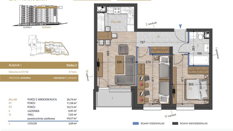Rzut - Mieszkanie na sprzedaż 3 pokoje o powierzchni 54,57 m² - numer 116 w Osiedle Dakar Karolina
