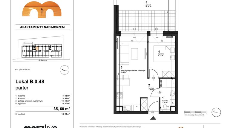 Rzut - Mieszkanie na sprzedaż 2 pokoje o powierzchni 35,6 m² - numer B.0.48 w Morzlive