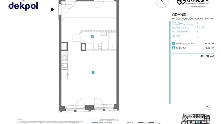 Rzut - Mieszkanie na sprzedaż 1 pokój o powierzchni 49,7 m² - numer 5.2.208 (U) w Granaria