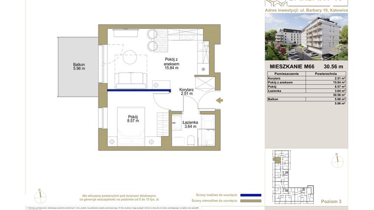 Rzut - Mieszkanie na sprzedaż 2 pokoje o powierzchni 30,56 m² - numer M66 w Barbary 19