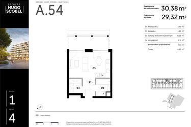 Rzut - Mieszkanie na sprzedaż 1 pokój o powierzchni 30,38 m² - numer A.54 w Browar HUGO SCOBEL