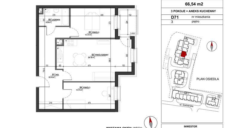 Rzut - Mieszkanie na sprzedaż 3 pokoje o powierzchni 66,54 m² - numer D.71 w Garbarska Urban Koncept