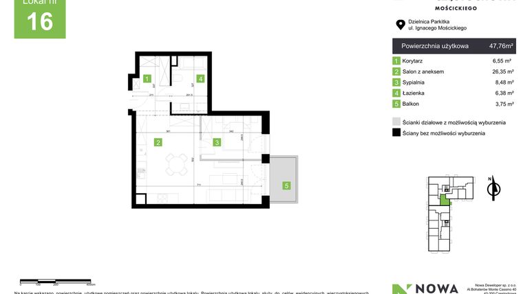 Rzut - Mieszkanie na sprzedaż 2 pokoje o powierzchni 47,76 m² - numer M16 w Nowa Częstochowa Mościckiego