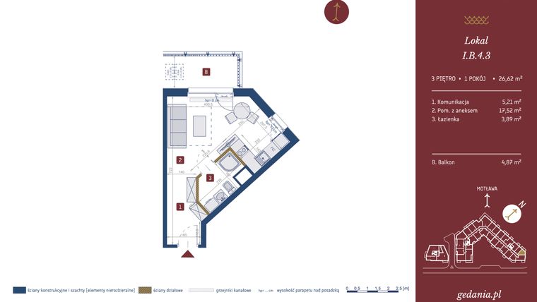 Rzut - Mieszkanie na sprzedaż 1 pokój o powierzchni 26,59 m² - numer I.B.4.3 w GEDANIA Riverside Living - apartamenty inwestycyjne