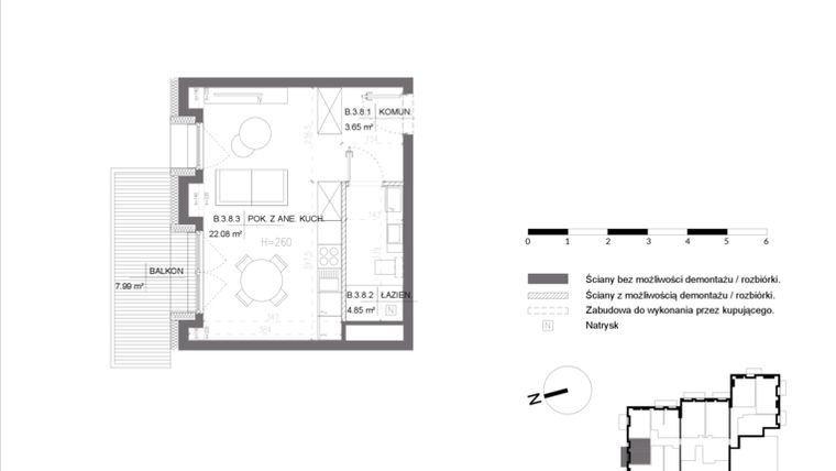 Rzut - Mieszkanie na sprzedaż 1 pokój o powierzchni 30,58 m² - numer B.3.8 w Polanka 21