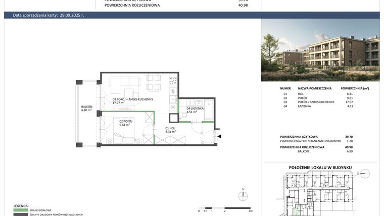 Rzut - Mieszkanie na sprzedaż 2 pokoje o powierzchni 39,7 m² - numer B-15 w Hillence etap 2