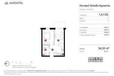 Rzut - Mieszkanie na sprzedaż 2 pokoje o powierzchni 36,55 m² - numer 1.A.1.02 w Murapol Osiedle Dynamiq