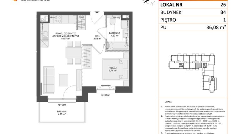 Rzut - Mieszkanie na sprzedaż 2 pokoje o powierzchni 36,08 m² - numer B4.26 w Osiedle Przy Błoniach 3 etap III