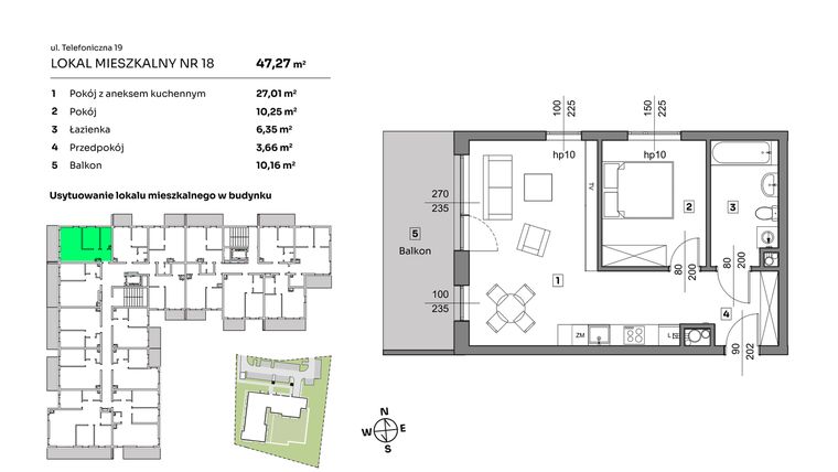 Rzut - Mieszkanie na sprzedaż 2 pokoje o powierzchni 47,27 m² - numer 18 w Nova Radiostacja
